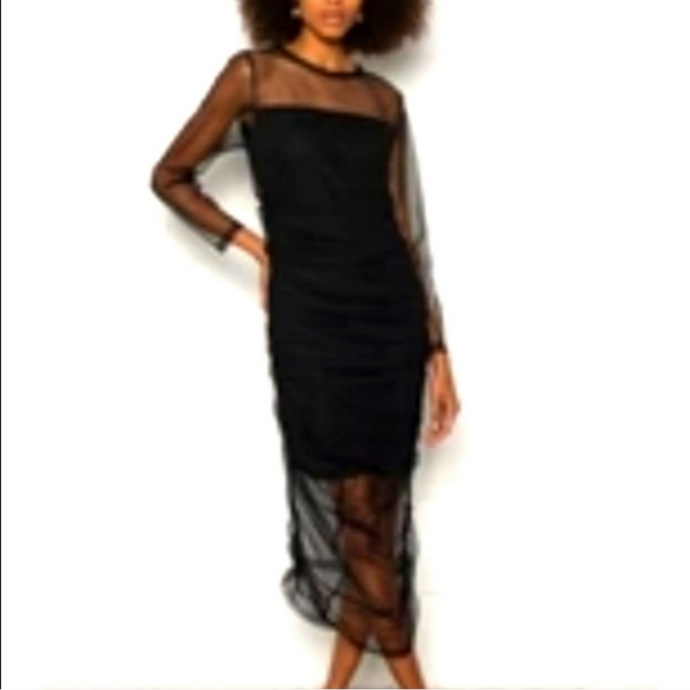 Pala D'Oro Italian Made, Natalia Black Ruched Sheer Net Dress.  Size M
